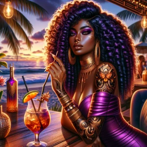 A detailed digital airbrushed painting of a glamorous, confident Afro Latina woman with deep purple, voluminous long curly hair sits at a tropical beachside bar at sunset. She wears a shimmering, form-fitting purple dress with gold accents, intricate jewelry, & has elaborate tattoos on her arms. Holding an elegant cocktail garnished with an orange slice, she gazes with allure & mystery. Scene is illuminated by warm, ambient lighting, with a bottle of exotic liquor & colorful drinks surrounding her. Background is palm trees, ocean waves, & a relaxed, upscale nightlife atmosphere.