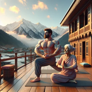 Realistic art 1:1,A muscular man and his 50-year-old Kashmiri mo...