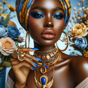 Create an image of an african-American, graceful woman , striking blue eyeshadow, and full lips. She wears large, golden hoop earrings and multiple necklaces, one with a prominent ankh pendant. Her hair is hidden beneath a vibrant, patterned head wrap in shades of blue, yellow, and orange. Her nails are painted dark blue, complementing her eyeshadow, and her fingers are adorned with a large, ornate gold ring. She poses elegantly against a background filled with soft pastel flowers, highlight her beauty