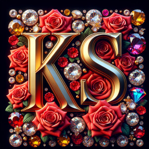 Create a 3-D realistic image with the letters  K.S. in gold raised letters and add some red roses. Add diamonds and colorful jewels