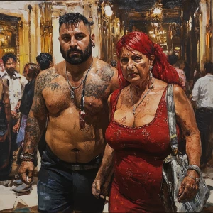 realism art 1:1 .A sweaty beefy man walking with his 54 year old...