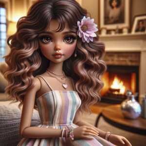 Create an image of a stylized, Latino doll-like girl seated in a cozy living room with a warm fireplace. She has voluminous, wavy hair cascading over her shoulders, tinted with shades of chestnut and mocha. Her large, expressive eyes are a deep brown, fringed with long, fluttery lashes. A delicate pink flower tucks behind one ear, complementing her youthful glow. She wears a pastel-striped summer dress with soft, flowing fabric that drapes elegantly over her small frame. Around her neck is a dainty necklace adorned with beads and a gentle sprinkle of gemstones reflecting subtle light. In her hand, she holds a pearly seashell as a charming accessory. Behind her, the living room is inviting, with plush furnishings, a mantelpiece adorned with family photos and trinkets, and a crackling fireplace that casts a comforting glow and dancing shadows around the room, enhancing the ambiance of a serene home setting