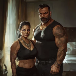 realism art style  .A sweaty muscular man standing with his 54 y...