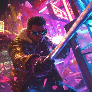 PEPE MEME wearing sunglasses and a leather jacket, mid-swing wit...