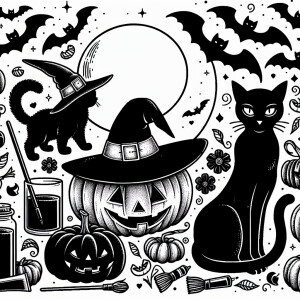 Create a minimalist vintage Halloween coloring book page design,...