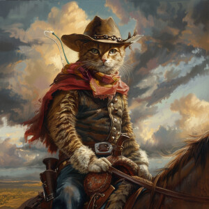 A cat with a cowboy hat on a head riding a horse