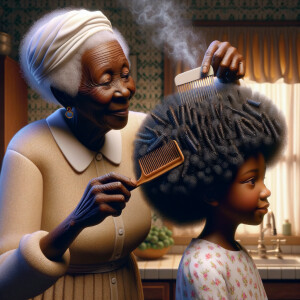 Create a realistic 3-D image of an african-American grandmother in the kitchen with her african-American granddaughter. The grandmother has a hot comb in her hair and she is straightening her granddaughters hair. One side of her granddaughters hair is in  a Afro the other is bone straight 
There is smoke coming from the hot comb