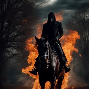 Create an eerie black horse from hell with the headless horseman...