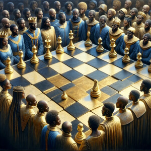 3-D realistic oil, painting,of a gold and black human chessboard...