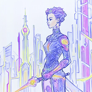 Futuristic cyberpunk warrior woman in vector art, sleek armor wi...