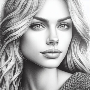 Create a detailed pencil drawing of a full figure of a blonde la...