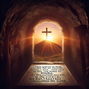 Create an image depicting the view from inside the tomb toward t...