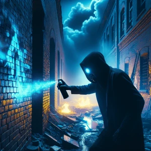 A sinister, shadowy figure with glowing eyes, wielding a spray can, tags "Gothic Graffiti NIGHTMARE" in vibrant neon blue across the inferno-lit brickwork of a burning building, casting an eerie glow against the swirling smoke.