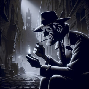 1950’s detective lighting his cigarette with a match in an alley
