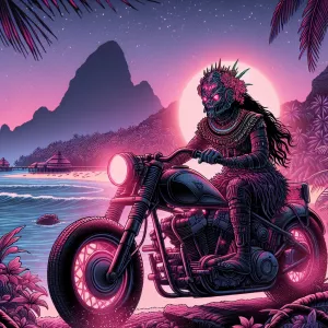 Create an image of the character Moana riding a motorcycle with...