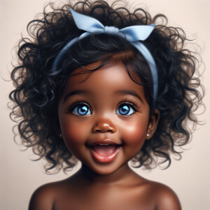 "Create a digital portrait of an adorable african-American baby girl with a joyful expression. Her big, bright blue eyes are wide with wonder, and her tiny mouth is shaped in a happy grin. Her skin has a warm, honey-brown tone, and she has an abundance of curly black hair, playfully tied up with light blue bows. The background is soft and neutral to keep the focus on her delightful features. The portrait should be vibrant and heartwarming, celebrating the innocence and charm of childhood."