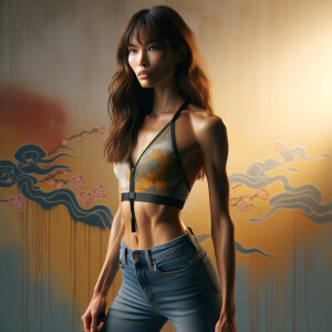 Athletic Thin skinny Attractive, Asian teenage girl, long brown hair and bangs, wearing tight skinny jeans and a halter top paint marks on her clothing, heroic pose Asian graffiti background, side view