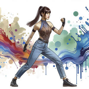 Athletic Thin skinny Attractive, Asian teenage girl, long brown hair and bangs, wearing tight skinny jeans and a halter top paint marks on her clothing, heroic pose Asian graffiti background, side view