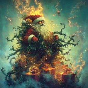 In a hazy, psychedelic forest, a sinister Santa figure sits atop...