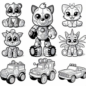 Create six separate black-and-white illustrations of toys and ch...