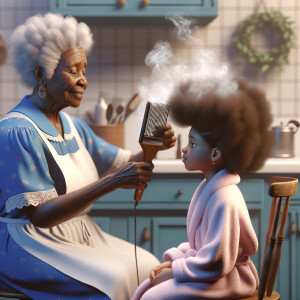 Create a realistic 3-D image of an african-American grandmother wearing a blue house dress and a white apron . She is in the kitchen with her african-American granddaughter. Her granddaughter is wearing a pink bath robe. The grandmother has a hot comb in her hand and she is straightening her granddaughters hair. One side of her granddaughters hair is in  a Afro the other straight 
There is smoke coming from the hot comb
The granddaughter is making a face