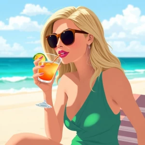 Ivanka Trump on the beach drinking a cocktail, in pixar art styl...