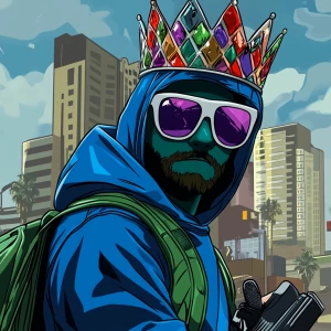 A cartoon character with a blue face, wearing a colorful crown a...