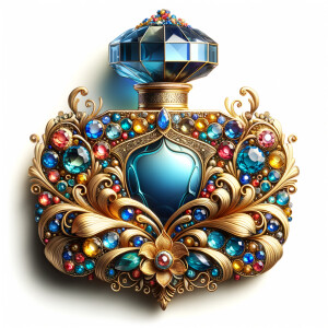 Create a 3-D realistic gold and blue, colorful jewels perfume b...