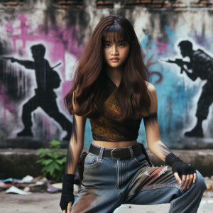 teenage girl, long brown hair and bangs, wearing tight skinny je...