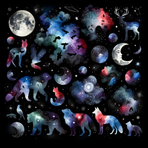 A black background with watercolor designs scattered around, sca...
