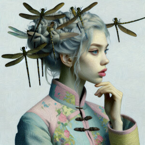 Pale skinned lady with dragonfly’s in her hair, oriental style c...