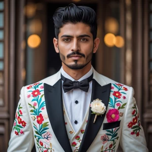 Photography, look to the front, a groom in a hybrid outfit combi...