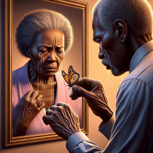 Create a 3-D realistic, adult african-American, female and male looking at themselves in the mirror but the child them has scars dirty crying and sad, with a falling butterfly