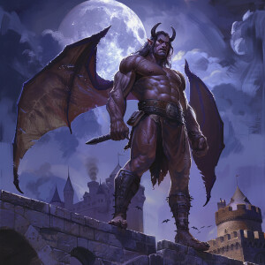 comic style, 8k, a muscular gargoyle with lavender skin, long da...