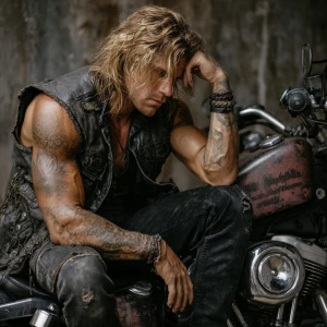 The image shows a muscular bodybuilder man with a tattooed arm s...