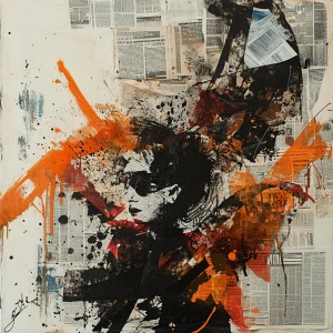 typographic collage with newspapers, ink splashes and abstract f...