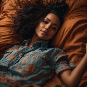 Full body shot from above of a Beautiful woman with big brown ey...