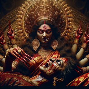 portrait of angry looking goddess durga sitting on a gold crown...