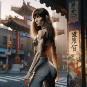 Athletic Thin skinny Attractive, Asian teenage girl, long brown hair and bangs, wearing tight skinny jeans and a halter top paint marks on her clothing, heroic pose Asian graffiti background, backside view