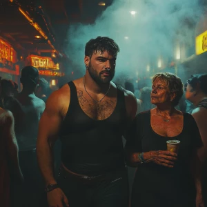 realism,a muscular beefy sweaty man,walking entering in a night...