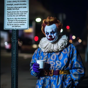 "Under a dimly lit  streetlight, a gangster clown stands alone,...