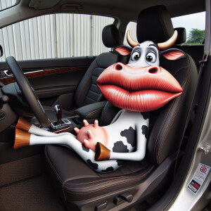 Cartoonish cow with big lips sitting in the passenger seat of a...