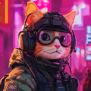 A wide-eyed ginger cat wearing a black tactical balaclava (or ma...