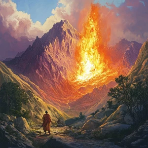 Illustrate the biblical scene where Moses encounters the burning...