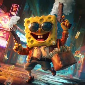 SpongeBob SquarePants holding a smoking pistol in one hand and...