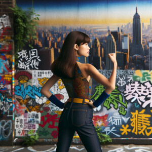 Attractive, Asian teenage girl, long brown hair and bangs, wearing tight skinny jeans and a halter top paint marks on her clothing, backside view heroic pose Asian graffiti