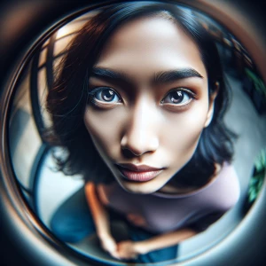 Female looking up at the viewer with expressive eyes through a f...