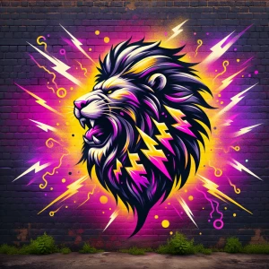 graffiti style roaring lion with lightening bolts in the mane....
