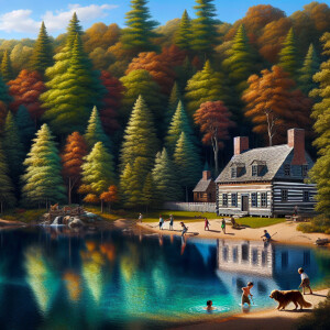 In 1776, A beautiful crystal blue lake, a colonial log cabin sit...