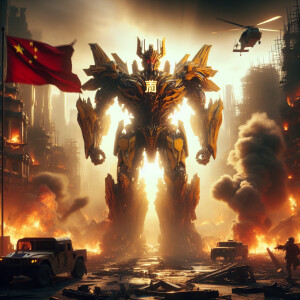 China as a transformer character, adorned with yellow emperor cl...